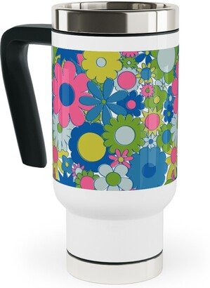 Travel Mugs: Funky Daisy Floral - Neon Travel Mug With Handle, 17Oz, Multicolor