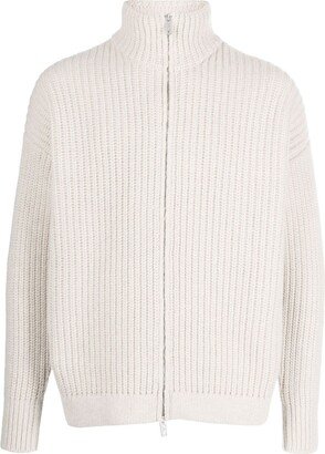 Ribbed-Knit High-Neck Cardigan