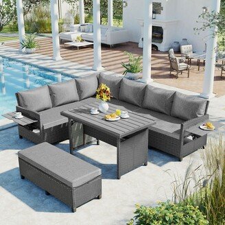 Zeus & Ruta Outdoor 5-Piece Wicker Rattan Sectional Sofa Set with Cushion