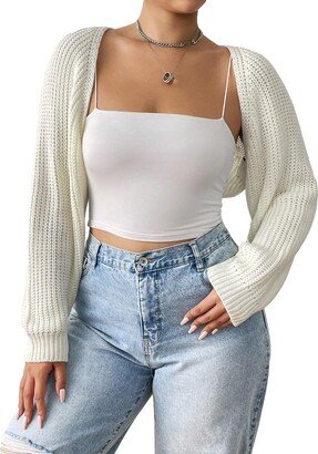 MakeMeChic Women's Open Front Long Sleeve Knit Cropped Cardigan Sweaters Shrug Plus White Solid 4XL