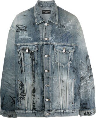 Graffiti-Print Oversized Denim Jacket