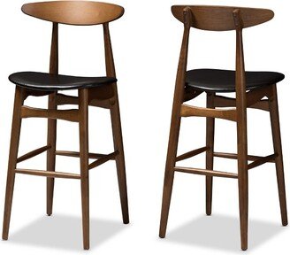 Set of 2 Flora Mid-Century Modern Walnut Finished Wood Upholstered Barstools Black