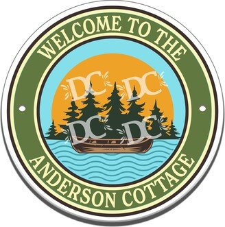 Canoe Themed Cottage Ceramic House Welcome Circle Tile, Front Door Wilderness Sign, Lake