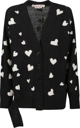 Heart-Printed V-Neck Button-Up Cardigan