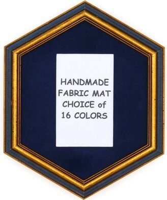 Antiqued Gold & Blue Picture Frame, Optional Custom Fabric Mat, Hexagon Shape, Solid Wood Frame