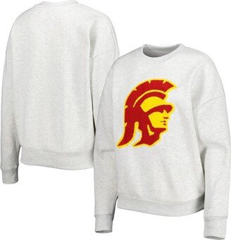 Women's Gameday Couture Heather Gray Usc Trojans Chenille Patch Fleece Pullover Sweatshirt