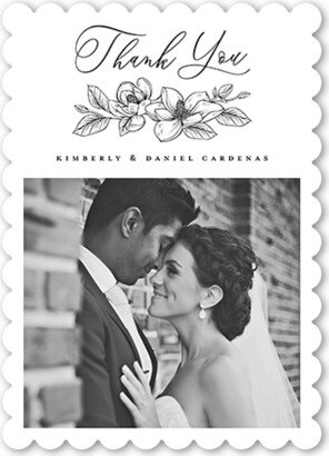 Wedding Thank You Cards: Marvelous Magnolia Thank You Card, White, 5X7, Pearl Shimmer Cardstock, Scallop