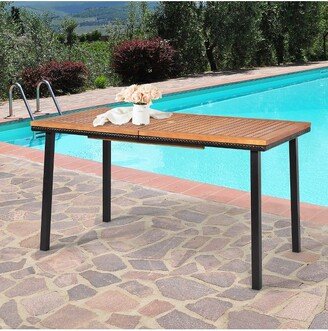 55'' Patio Rattan Dining Table Acacia Wood Table Top Umbrella Hole