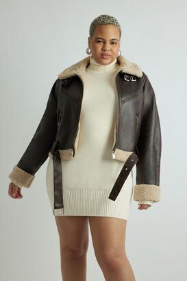 Women's Faux Shearling Moto Jacket in Brown/Cream, 3X