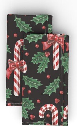 Cloth Napkins: Vintage Christmas Candy On Black Cloth Napkin, Longleaf Sateen Grand, Multicolor