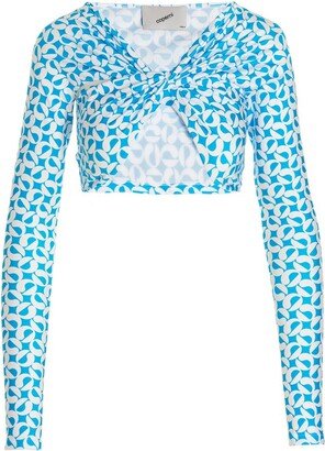 Patterned Ruched Long-Sleeved Cropped Top