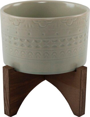 Mayan Ceramic Planter on Wood Stand, 6.25