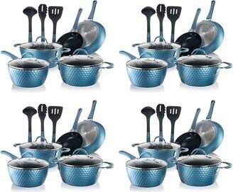 NCCW11BD 44 Piece Nonstick Ceramic Coating Diamond Pattern Kitchen Cookware Pots and Pan Set with Lids and Utensils, Royal Blue
