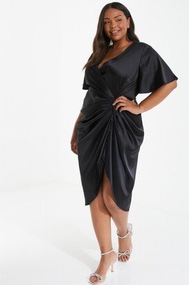 Women's Plus Size Satin Wrap Ruched Midi Dress