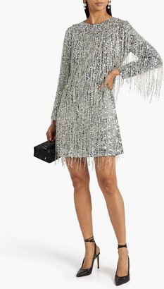 Fringed embellished silk mini dress