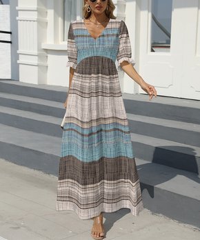 Blue & Taupe Stripe Half-Sleeve V-Neck Maxi Dress - Women & Plus