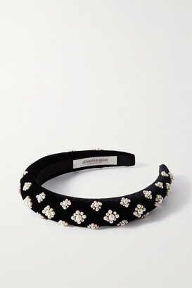 Margaret Faux Pearl-embellished Velvet Headband - Black