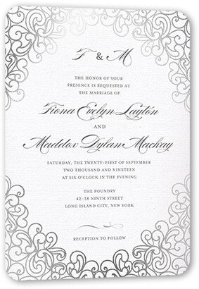 Wedding Invitations: Dazzling Lace Wedding Invitation, Grey, Silver Foil, 5X7, Signature Smooth Cardstock, Rounded