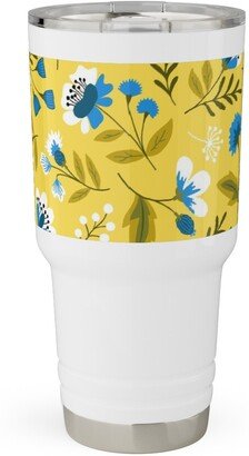 Travel Mugs: Colorful Spring Flowers - Blue On Yellow Travel Tumbler, 30Oz, Yellow