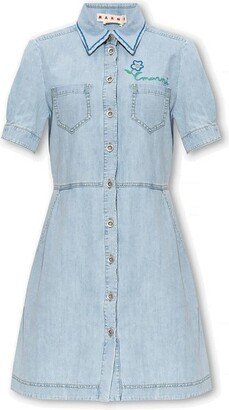 Logo Embroidered Short-Sleeved Denim Dress