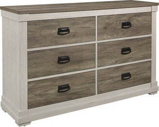 6 Drawer Wooden Dresser with Hanging Pull Handles, White and Weathered Gray