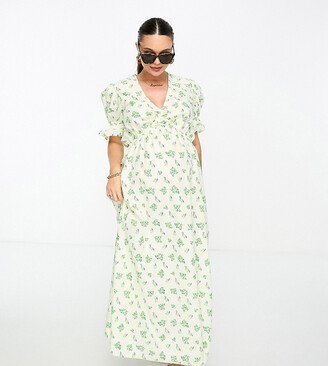 ASOS DESIGN Maternity cotton midi smock dress in cream based green floral print