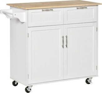 HOMCOM 41 Modern Rolling Kitchen Island on Wheels, Utility Cart Storage Trolley with Rubberwood Top & Drawers, White