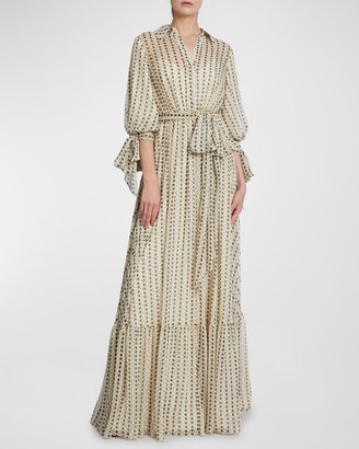 Diamond Striped Blouson-Sleeve Shirt Gown