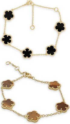 JanKuo Flower 2-Piece 14K Goldplated, Tiger Eye & Oynx Bracelet Set