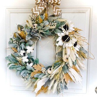 Faux Lamb's Ear Fall Wreath With White Sunflowers & Cotton