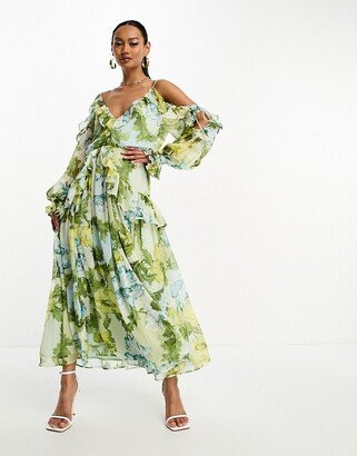 ruffle off shoulder midi dress in green based blue floral