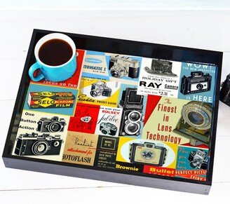 Camera Print Wood & Resin Decorative Serving Tray Vintage Photography Theme Collage Gift For Photographer Retro Art Old