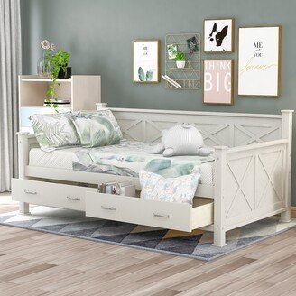 Calnod Twin Size Daybed with 2 Large Drawers, Rustic Casual Style, X-Shaped Wooden Bedframe with Strong Slat Support for Kids Bedroom-AA