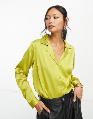 relaxed satin long sleeve shirt bodysuit in chartreuse