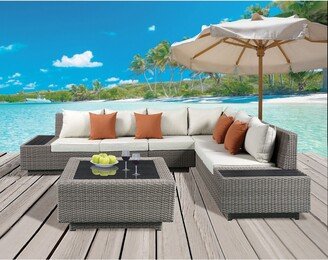 Global Pronex Patio Sectional & Cocktail Table in Beige Fabric & Gray Wicker