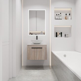 Aoolive 24 Modern Design Float Bathroom Vanity With Ceramic Basin Set, Wall Mounted White Oak Vanity With Soft Close Door