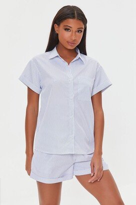 Women's Pinstriped Pajama Shirt & Shorts Set in White/Navy Small