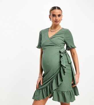 Vero Moda Maternity frill wrap front mini dress in khaki