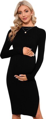 KOJOOIN Women's Bodycon Ribbed Knit Maternity Slim Fit Long Sleeves Side Slit Midi Sweater Dress-AA