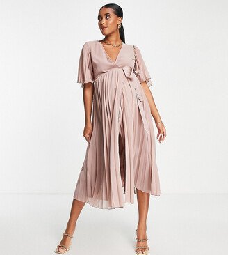 ASOS DESIGN Maternity exclusive pleated midi dress with kimono sleeve and tie waist