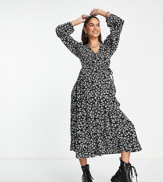 Wednesday's Girl Maternity micro floral wrap detail midi dress in black