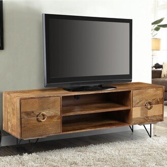 63 Inch Mango Wood TV Cabinet with Spacious Storage, Natural Brown and Black