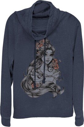 Juniors Womens Beauty and the Beast Flowers Cowl Neck Sweatshirt - Navy Blue - 2X Large