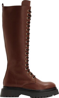 Leather Lace-up Tall Boots Knee Boots Brown