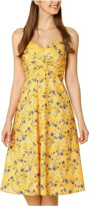 Allegra K Women' Floral Twit Front Knee Length Summer Adjutable Strap Dree Yellow Small