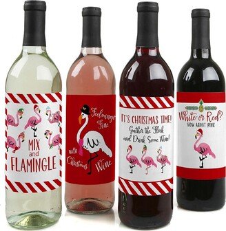 Big Dot Of Happiness Flamingle Bells - Tropical Flamingo Christmas Wine Bottle Label Stickers - 4 Ct