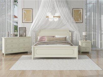 Aoolive 3 Pieces Bedroom Sets Milky White Solid Rubber Wood King Size Platform Bed with Nightstand and Dresser