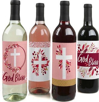Big Dot Of Happiness Pink Elegant Cross - Religious Decor - Wine Bottle Label Stickers - 4 Ct