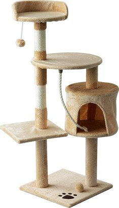 45 Plush Sturdy Interactive Cat Condo Tower Scratching Post Activity Tree House - Beige/ White