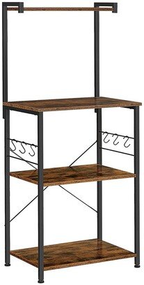 Kitchen Baker's Rack, Microwave Oven Stand with Storage Shelves, and 12 Hooks, Rustic Brown and Black